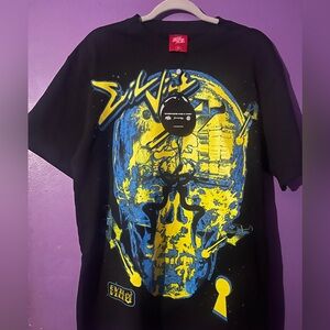 Evil Vice Black Graphic T-Shirt with Blue and Yellow Design -NWT